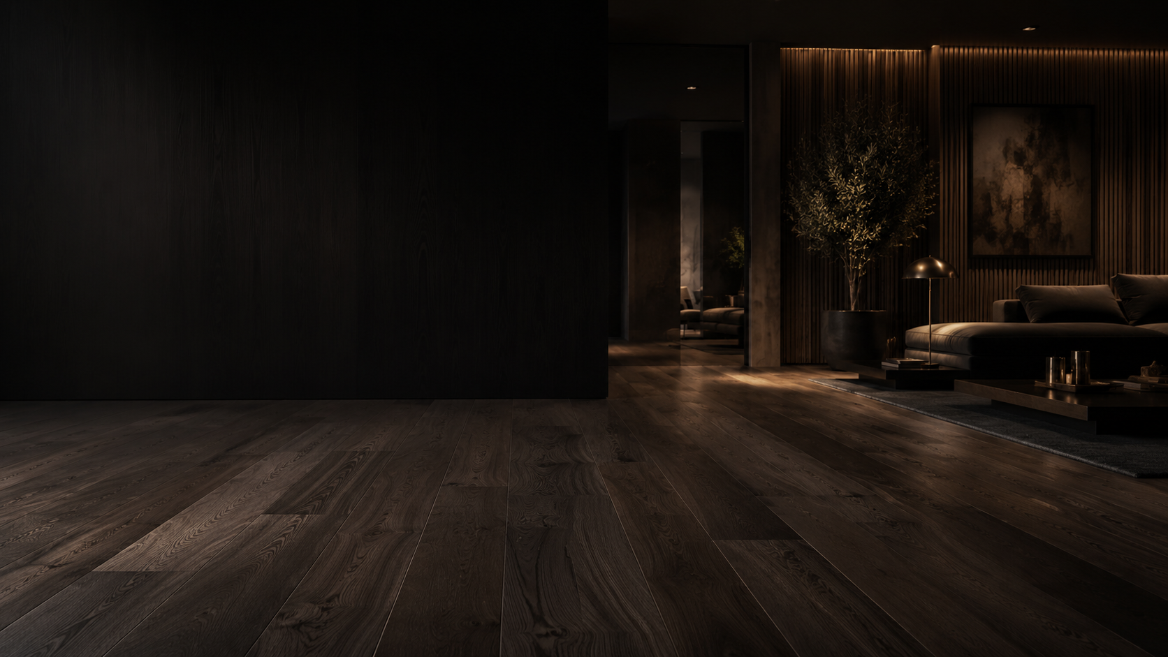 Modern living room interior with warm wood flooring